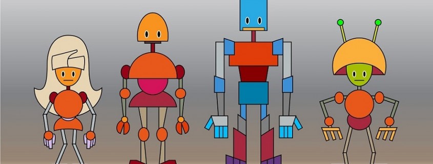 Vector illustration of funny cartoon robots family