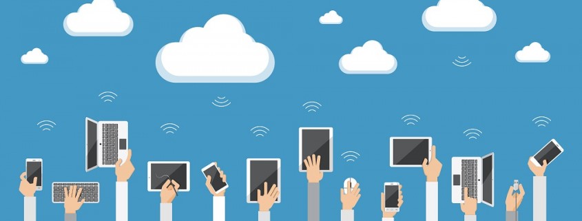 Flat design illustration  of cloud computing. Hands holding various computer and communication devices connecting to the cloud